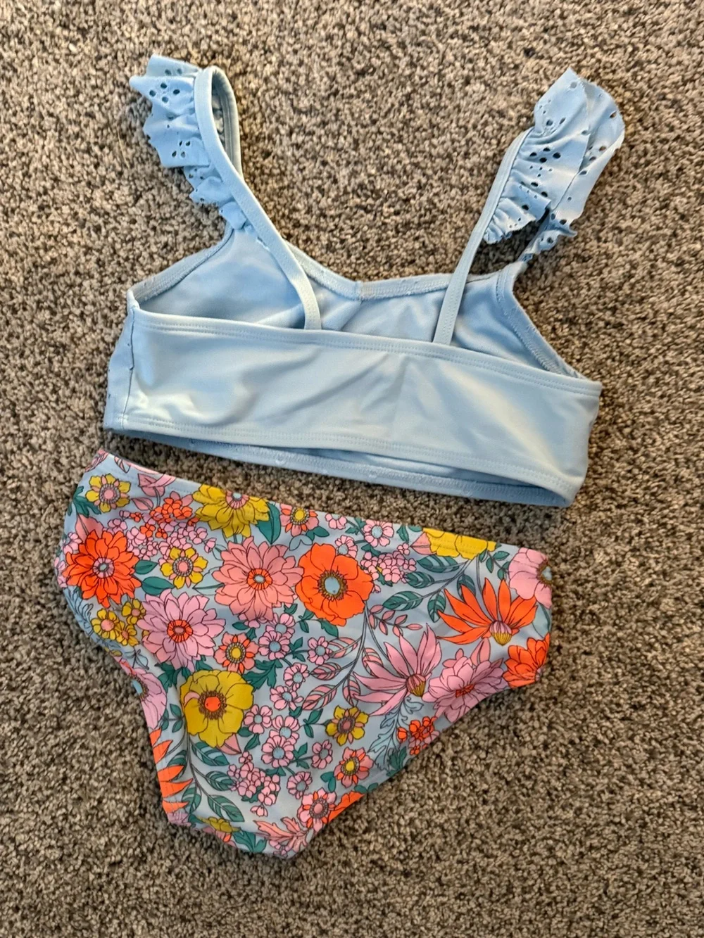 Cat & Jack Light Blue Floral Two Piece Swimsuit with Orange & Pink Flowers